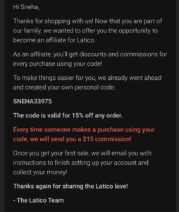 Latico Leathers email reminders for affiliate or referral marketing 